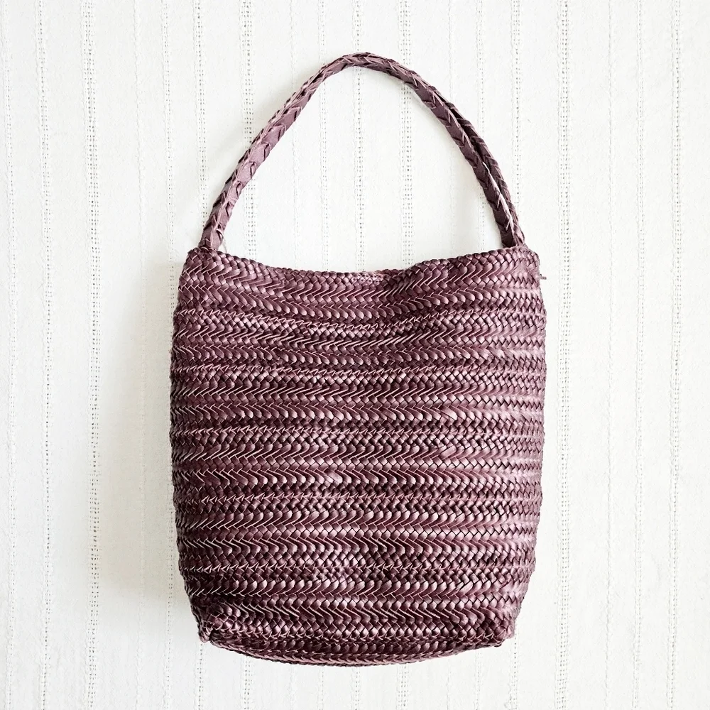 Handcrafted In India Braided Woven Leather Tote Bag Shoulder Purse Purple NWT - Picture 8 of 14
